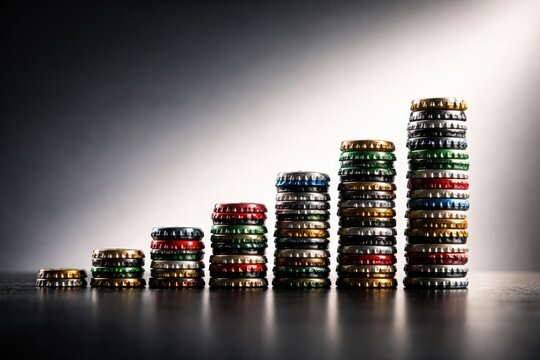 Bottle cap stack graph representing rising beer and soda use with black to white gradient background