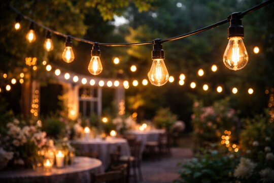 Electric festoon bulbs hanging in garden for charming terrace event lighting