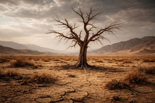 Dry barren desert scene with a dying tree in the middle