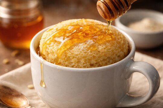 Fresh Honey Topped Vanilla Mugcake Served in a Microwave Safe Cup