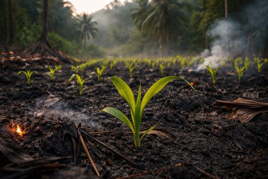 New maize seedlings growing in tropical forest soil cleared by slash and burn techniques