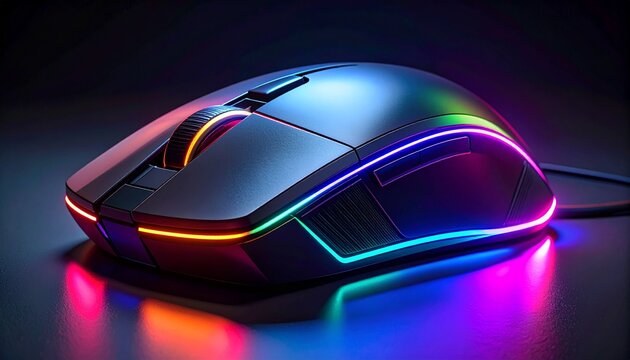 rgb gaming mouse with neon glow on reflective dark surface