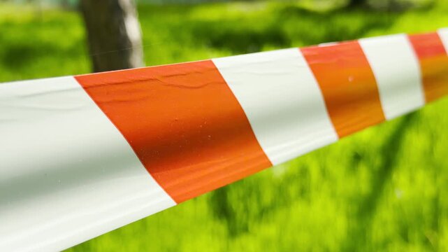 Bright caution tape stretches diagonally across a sun-drenched lawn. The scene feels protective yet slightly unsettling against the cheerful green grass. It marks a clear, bold boundary in nature.