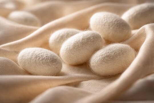 Artisanal close up of white silkworm cocoons nestled on soft textile fabric with subtle sheen