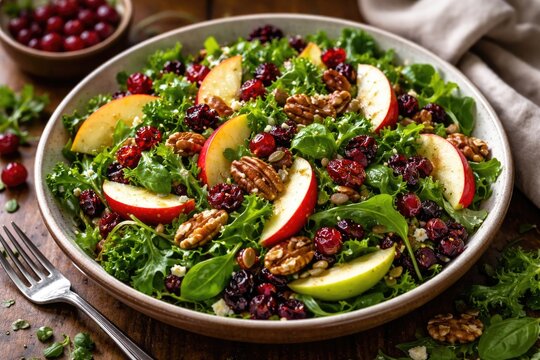 Healthy fall salad with leafy greens apples nut mix and bright cranberry bursts