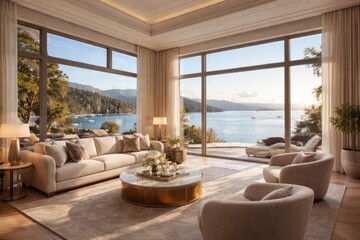 Fototapeta premium Elegant living space with large windows revealing broad waterfront vistas