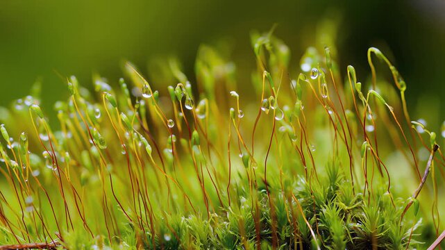 Moving across green moss stalks holding fresh morning dew droplets