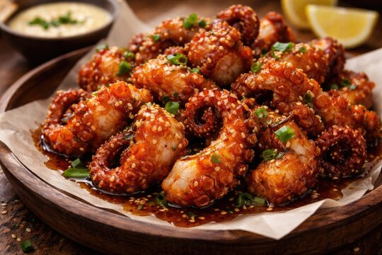 Japanese octopus snack fried to golden perfection with savory sauce