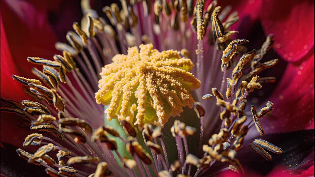 Macro detail of a red flower center with yellow pollen and dark stamens