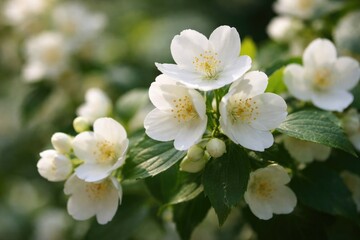 Fototapeta premium Detailed focus on white jasmine blooms in natural light