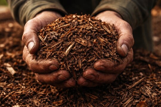 Close up of human holding shredded tree bark mulch created from recycled leftovers