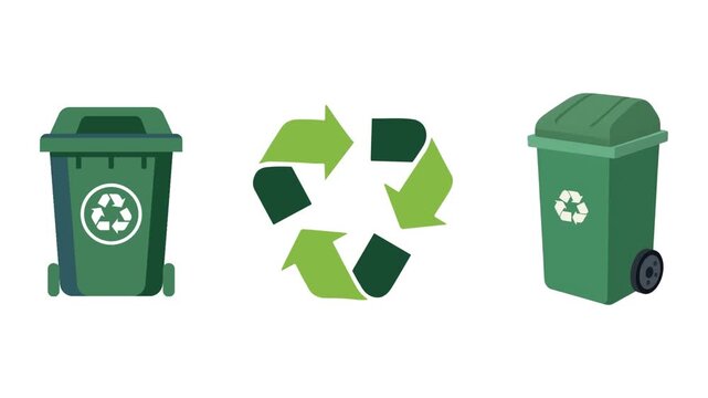 Green recycling bins animation with universal recycling symbol isolated on white background. Vector illustration. Hd video graphics animation 