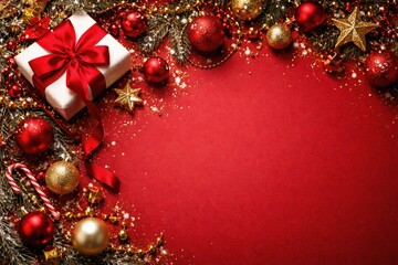 Fototapeta premium Decorative Christmas banner flat lay of red ribbon wrapped gift box with assorted red and gold baubles on red festive background with copy space