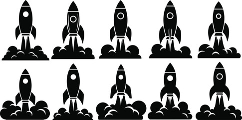 Collection of Rocket Launch Silhouettes with Smoke Clouds in Flat Black Vector Illustration Isolated on White Background © Rashedul Islam