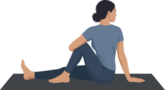 A clean, minimalist vector illustration of a woman performing the Half Lord of the Fishes pose (Ardha Matsyendrasana), a seated spinal twist that improves spinal mobility, massages abdominal organs. 