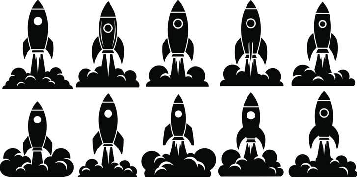 Collection of Rocket Launch Silhouettes with Smoke Clouds in Flat Black Vector Illustration Isolated on White Background