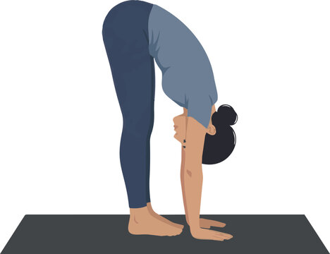 A clean, minimalist vector illustration of a woman performing the Standing Forward Fold pose (Uttanasana), a foundational yoga posture that stretches the hamstrings, calves, and hips while calming the