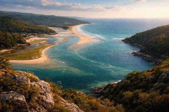 High vantage point capturing river estuary joining the coastal sea