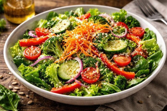 Crisp vegetable medley salad garnished with grated carrots cheese and homemade vinaigrette