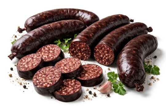 Collection of gourmet blood sausages arranged on a stark white background showing whole links and sliced pieces with textured reddish brown filling