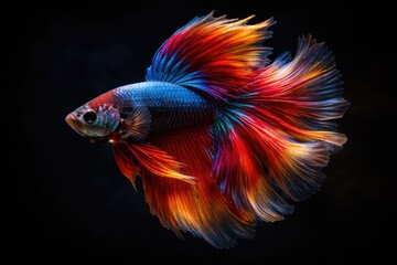 Fototapeta premium Colorful Siamese fighting fish showcasing vibrant hues against a shadowy backdrop with copy space