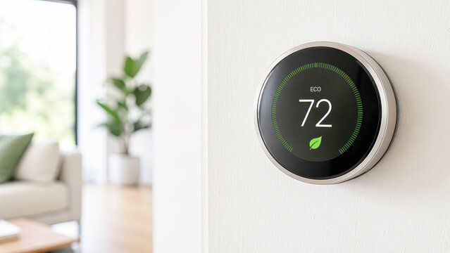 A modern smart thermostat set to eco mode at 72F is mounted on a wall in a stylish, energy-efficient home.
