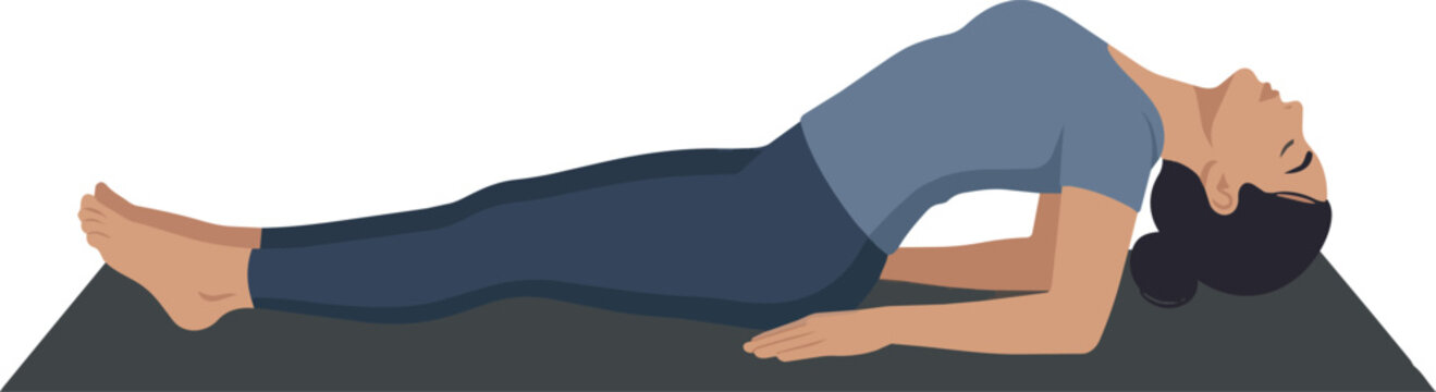 A clean, minimalist vector illustration of a woman performing the Fish Pose (Matsyasana), a restorative yoga posture that opens the chest, throat, and abdomen while improving posture.