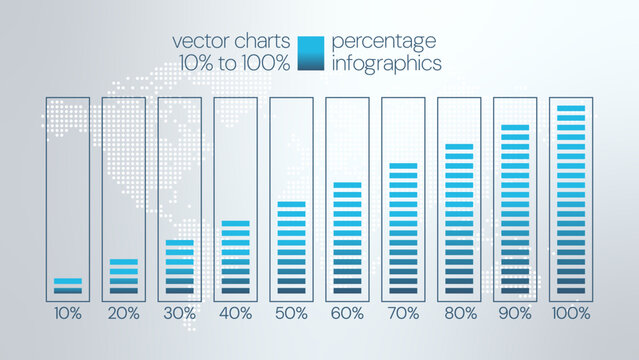 10 to 100 percent charts. Vector blue gradient symbols. Percentage infographic elements for business, finance, progress, growth, report, presentation, download