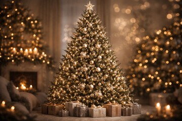 Fototapeta premium Celebratory Christmas tree sparkling on a muted blurred background