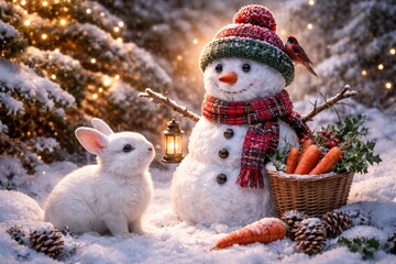 Fototapeta premium Festive snowman and lively white rabbit in a snowy setting highlighting seasonal care