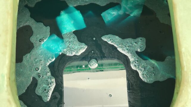 Vivid blue disinfectant liquid and white foam fill an old toilet basin. The contrast between the bright chemicals and grimy porcelain creates a cold, sterile, and lonely feeling.