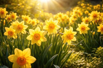 Obraz premium Golden yellow daffodils blossoming abundantly in a sunlit garden