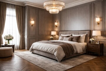Fototapeta premium Elegant master bedroom corner with king size bed, grey wooden wall panels, and parquet floor