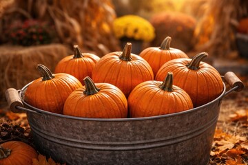 Fototapeta premium Decorative container showcasing vivid orange pumpkins with green stems in sunlight