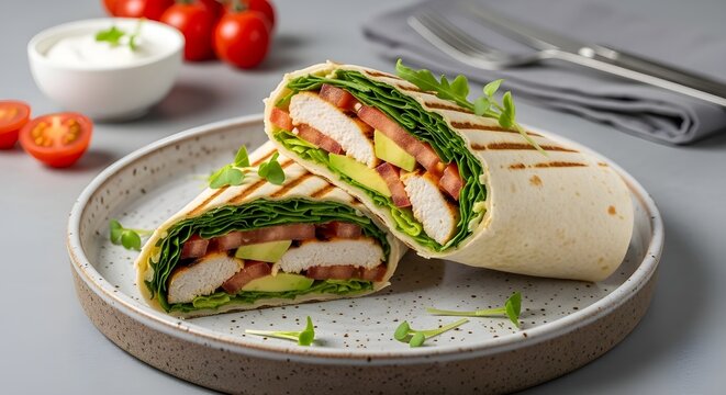 Healthy grilled chicken wrap with fresh avocado, tomatoes, and lettuce on a rustic plate, served with a side of sour cream.