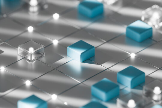 Cyan 3D network grid with glass cube nodes