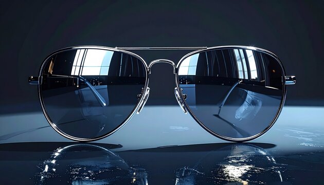 reflective aviator sunglasses on glossy black surface with urban reflection
