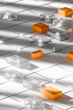 Orange 3D data grid with glass blocks and light nodes