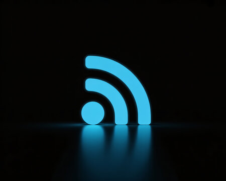 A blue RSS icon glows brightly against a dark background with a reflective surface below it