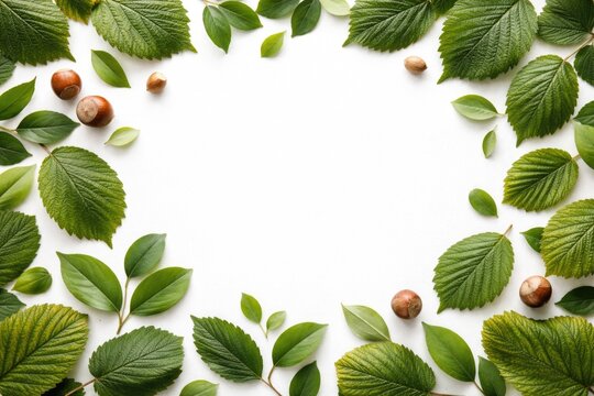 Birds eye view of hazelnut and privet leaves scattered on a white matte backdrop featuring copy space