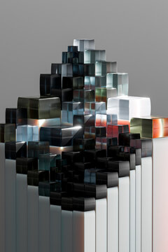 Black 3D glass tower built from stacked cube modules