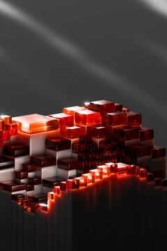 Red 3D digital blocks forming illuminated tech terrain