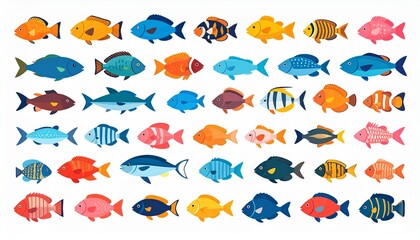 Obraz premium colorful vector fish icons set in symmetrical marine biodiversity design
