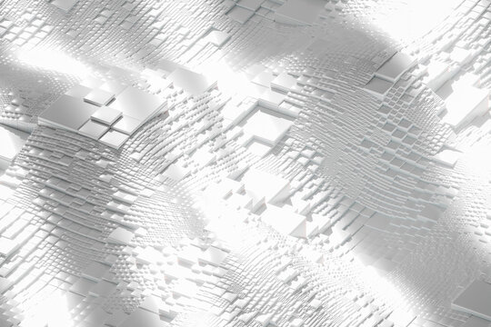 White 3D digital terrain with layered geometric panels