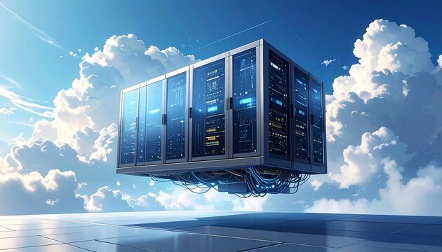 futuristic floating data center cloud server farm in sky with reflection