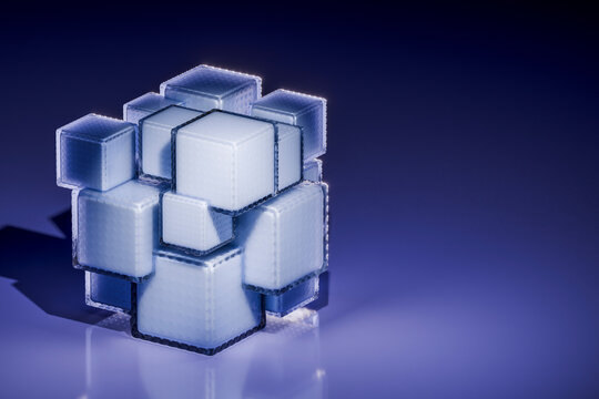 Blue 3D frosted cubes on glossy digital background