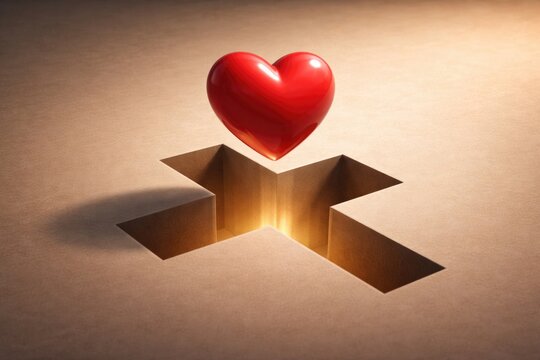 Donation and faith concept with isometric heart falling in cross shaped hole in flat design