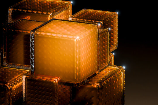 Amber 3D glass cubes with luminous tech texture