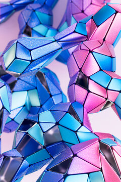 Metallic 3D tiled sculpture with pink blue panels