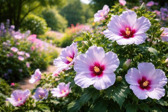 Bright hibiscus syriacus flowers enhancing natural charm in botanical garden